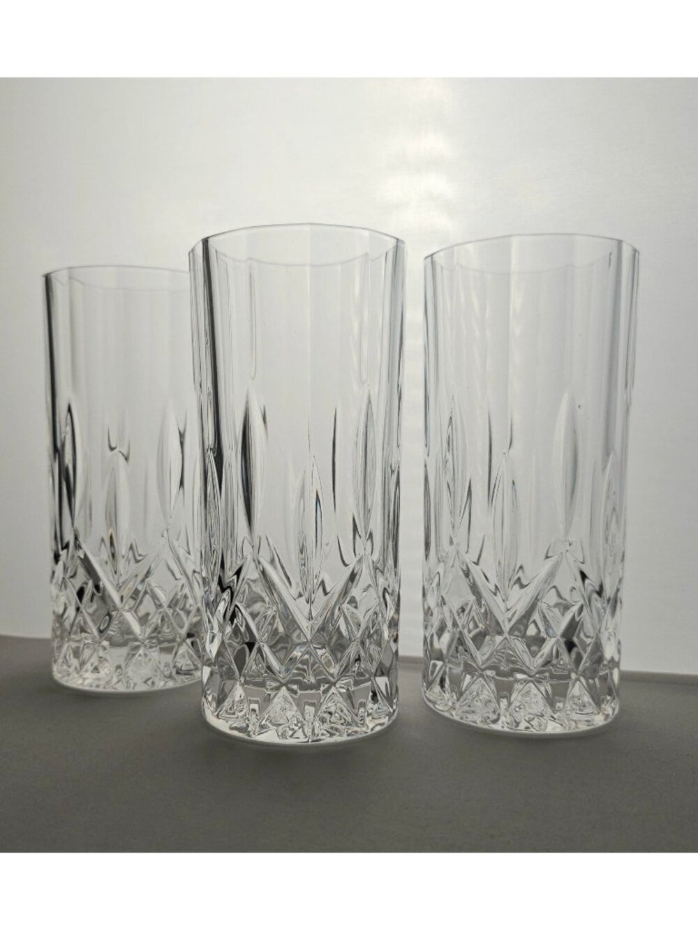 3 Royal Crystal Rock Opera Highball Glasses 6" elegant cut 1990s fine crystal